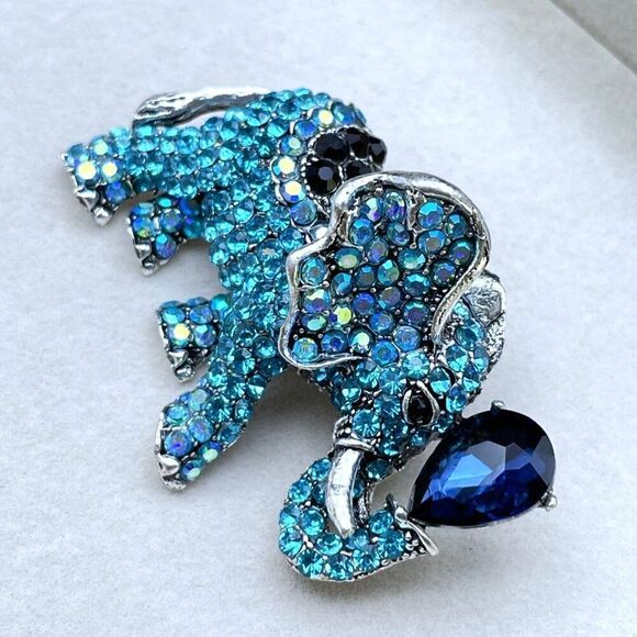 Silver with Blue Sapphire Black Onyx and AB Crystal Elephant Pin Back Brooch - Picture 6 of 10